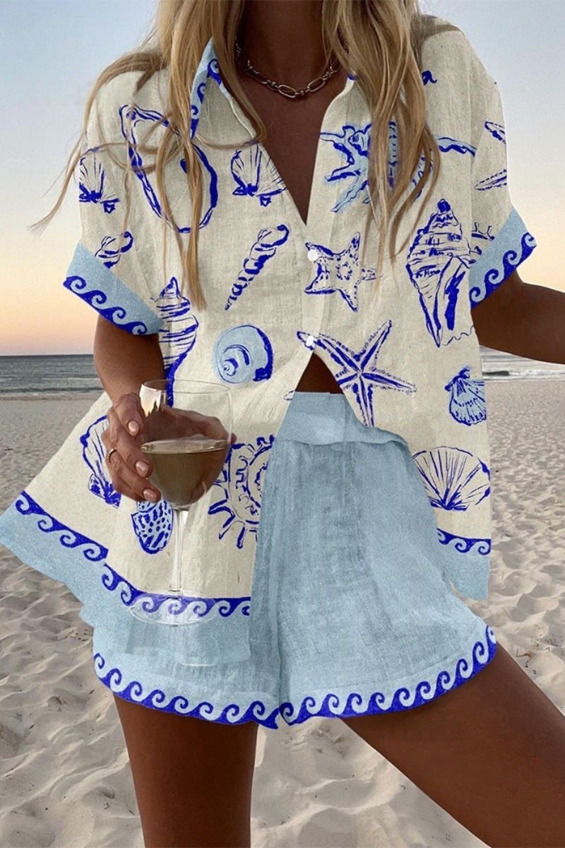 Seaside Shell Print Shirt & Shorts Two-Piece Set