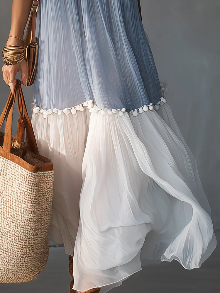 Romantic Pom-Trim Chiffon Maxi Dress