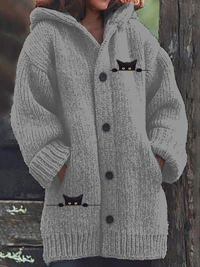 Women's Casual Cat Print Knitted Fabric Plush Jacket