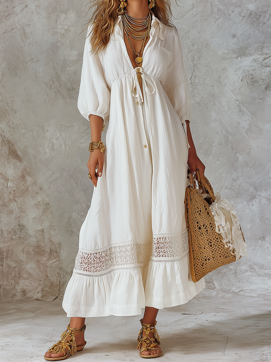 Bohemian Lace Trimmed Button Front Long Dress