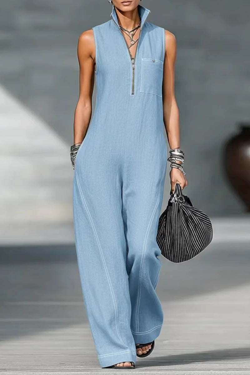 Women's Minimalist Loose-fitting White Trim Sleeveless Jumpsuit
