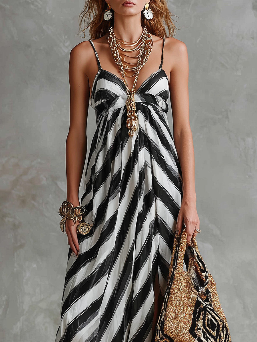 Bohemian Monochrome Striped Chiffon Slip Dress