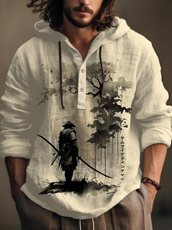 Men's Retro Japanese Samurai Ink Painting Print Hooded Shirt
