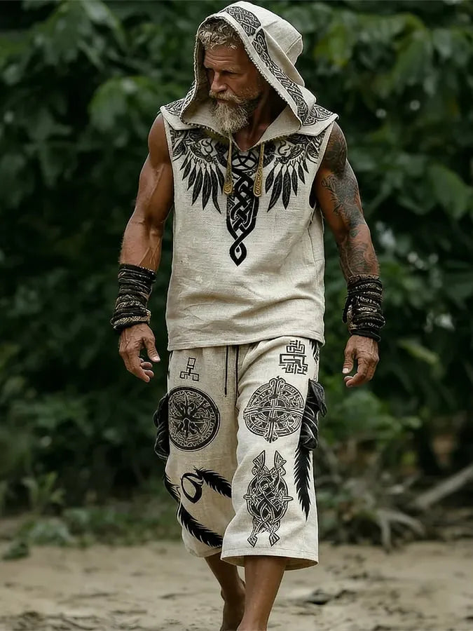 Men'S Viking-Style Color-Blocked Patterned Hooded Sleeveless Top And Pants Two-Piece Set