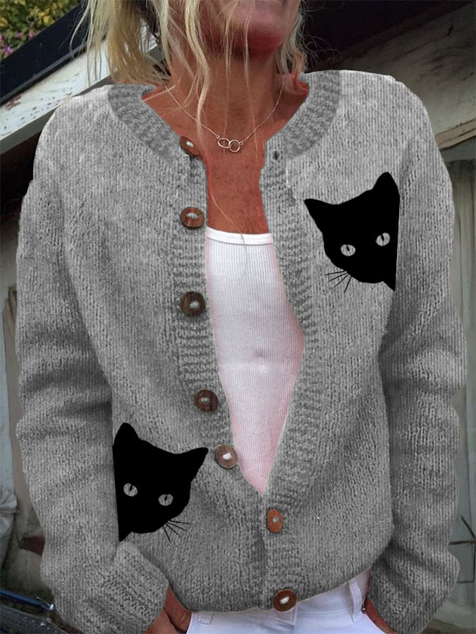Women's Cat Print Knitted Cardigan