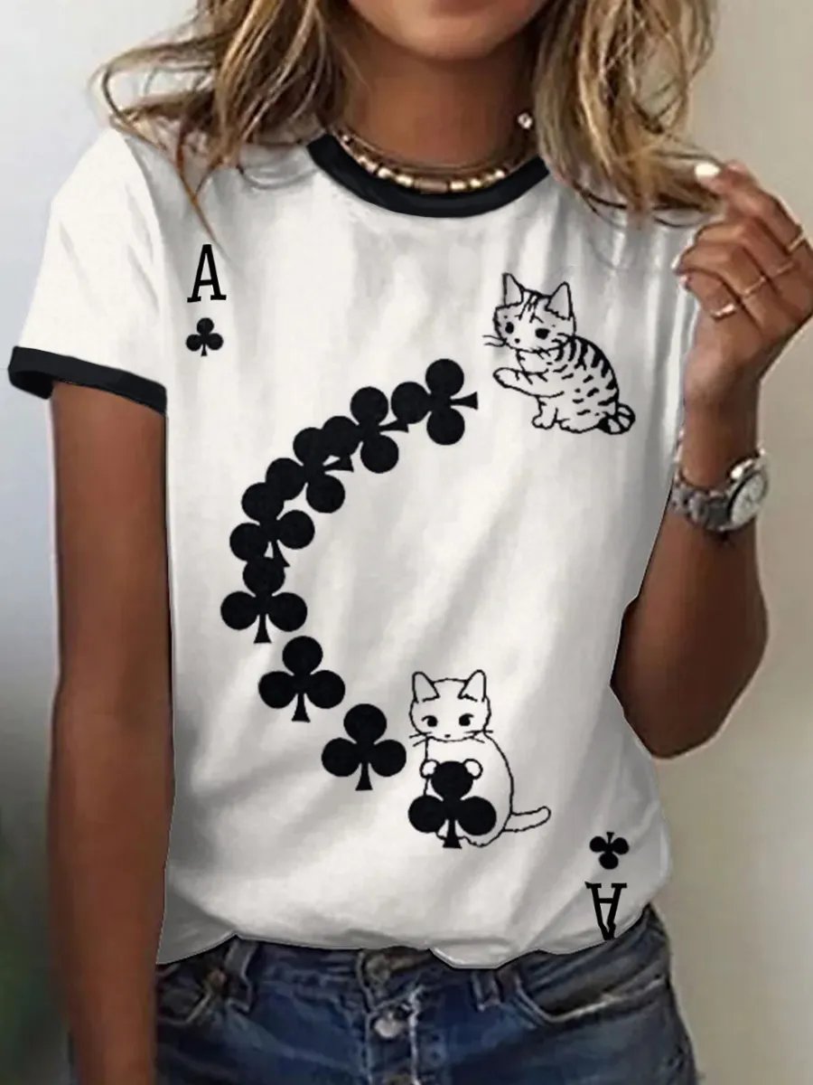 Women's Cat Playing Cards Retro Print Short-Sleeved T-Shirt