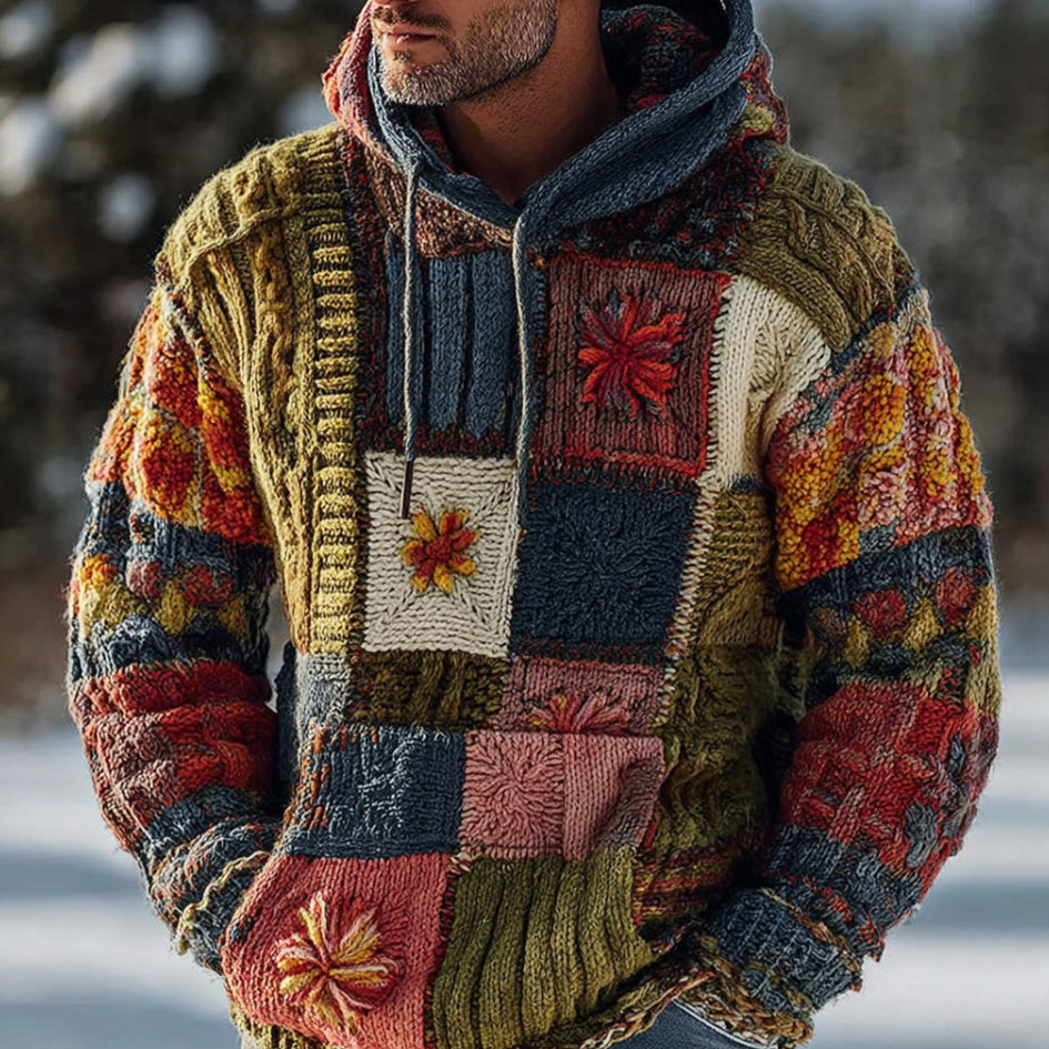 Men's Retro Floral Plant Graphic Patchwork Japanese Art Print Casual Knit Hoodie