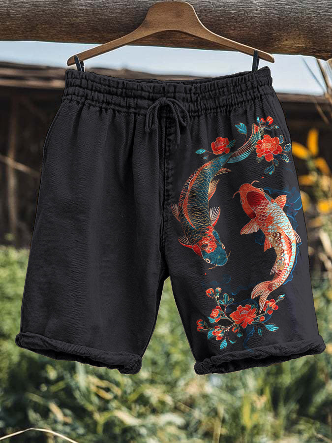 Men's Japanese Koi Fish Floral Art Print Casual Shorts
