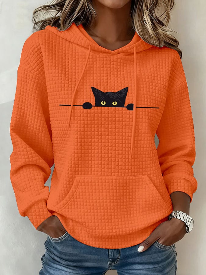 Women's Casual Cat Print Checkered Fabric Hooded Sweatshirt