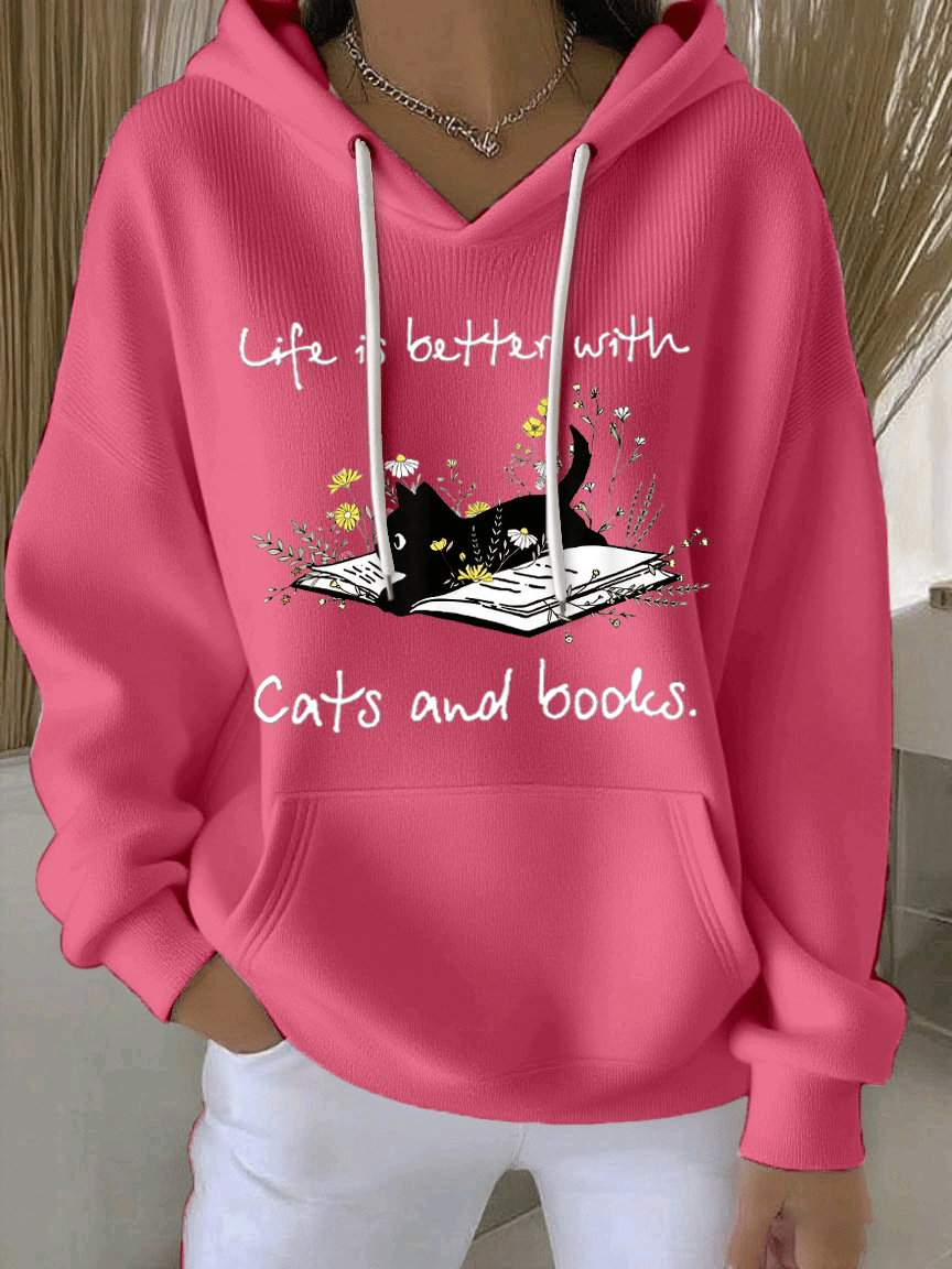 Women's Life Is Better With Cats And Books Print Casual Hooded Sweatshirt
