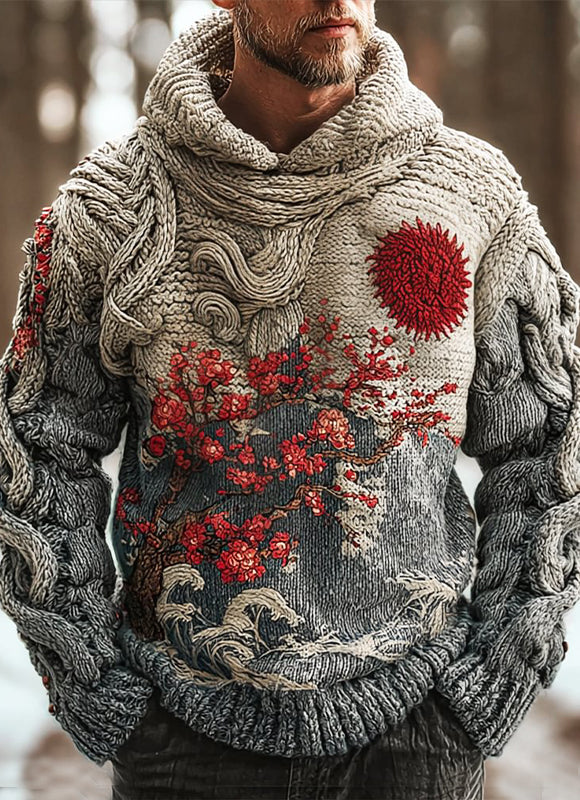 Men's Twisted Plum Blossom Japanese Art Print Color Block Casual Knit Hoodie