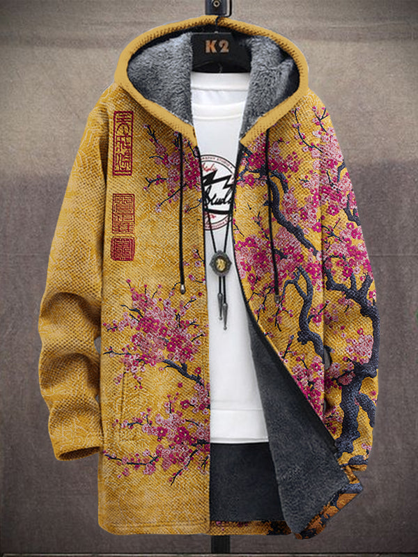 Men's Cherry Blossom Scenery Art Print Hooded Trench Coat