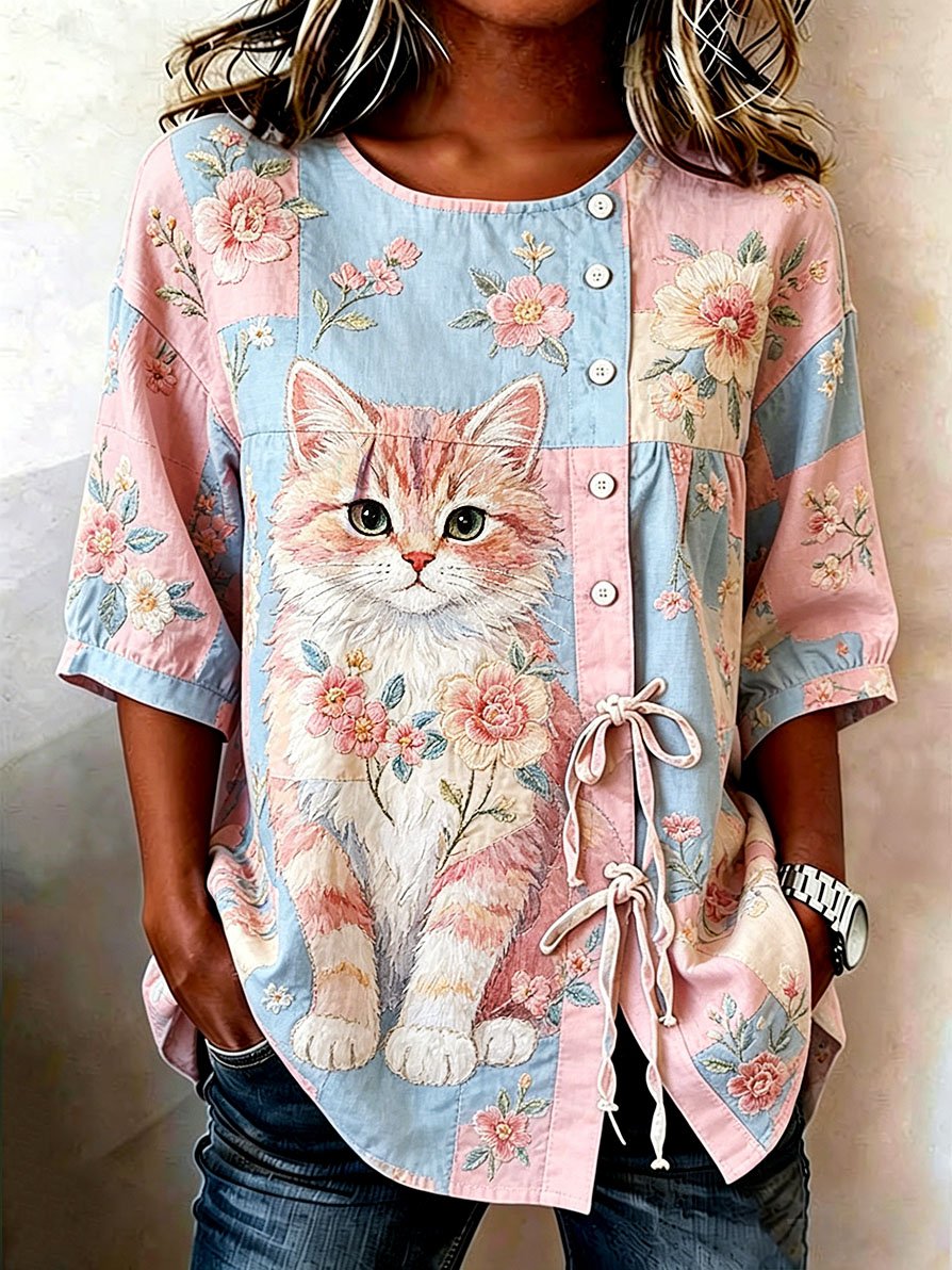 Women's Denim Cat Portrait Patchwork Art Print Casual Top