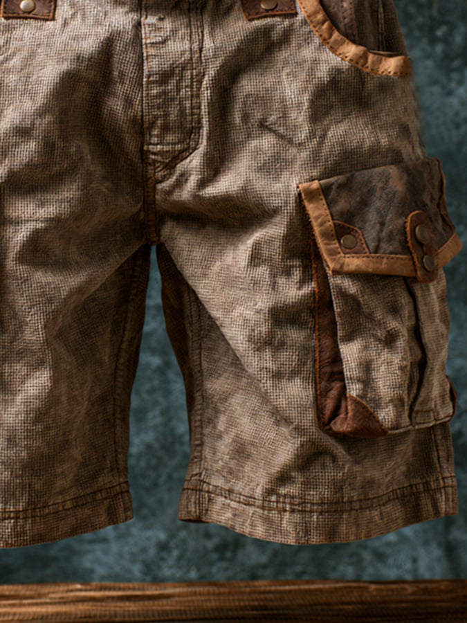 Men's Retro Waffle-Knit & Leather-Panel Print Outdoor Casual Shorts