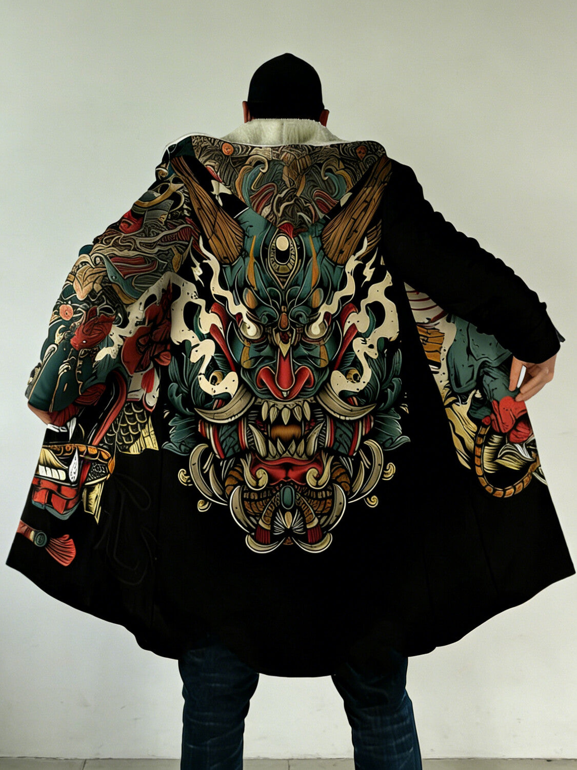 Men's Monster Japanese Art Print Hooded Trench Coat