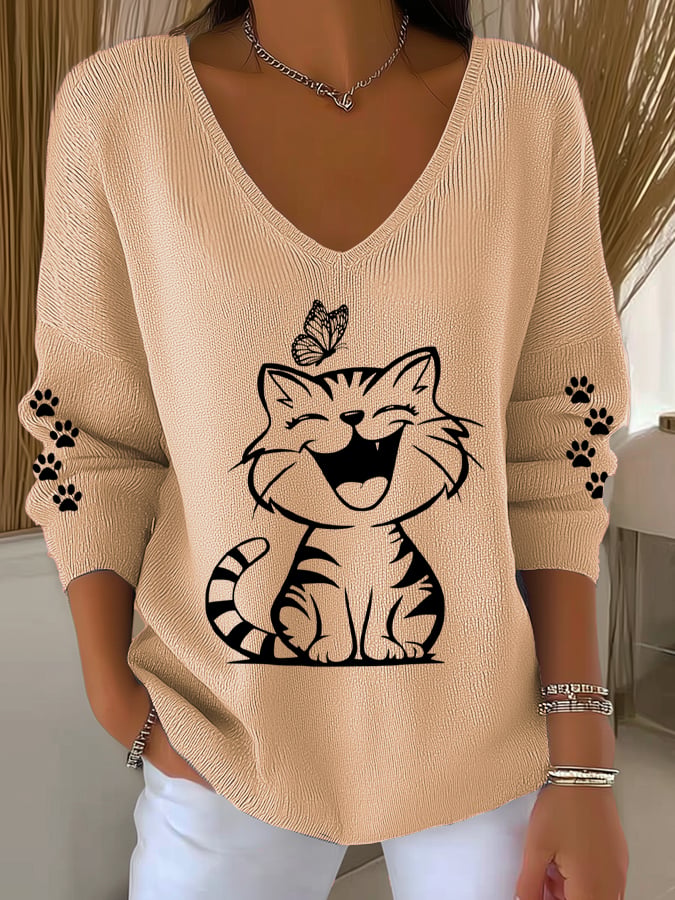 Women'S Cat and Butterflies Print Knitted Top