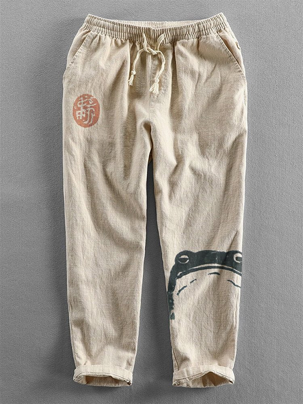 Men's Vintage Frog Japanese Art Print Elastic Waist Cotton Linen Sweatpants