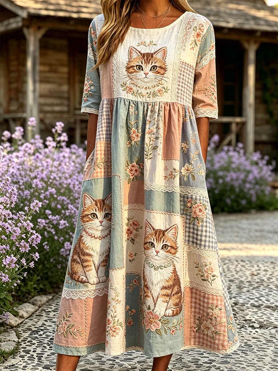 Women's Casual Retro Cat-Print Dress
