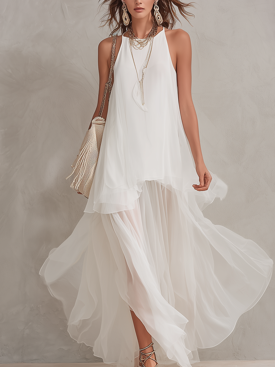 Bohemian White Chiffon Light Layered Long Dress