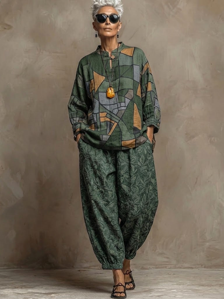 Bohemian Art-print Linen And Cotton Two-piece Top And Pants Set
