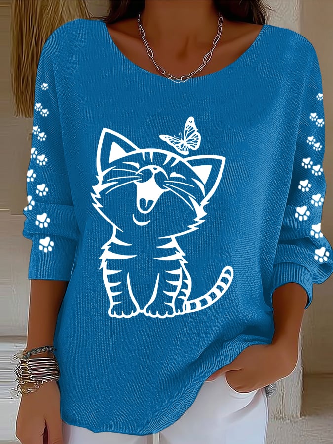 Women'S Cute Cat Print Casual Knitted Top