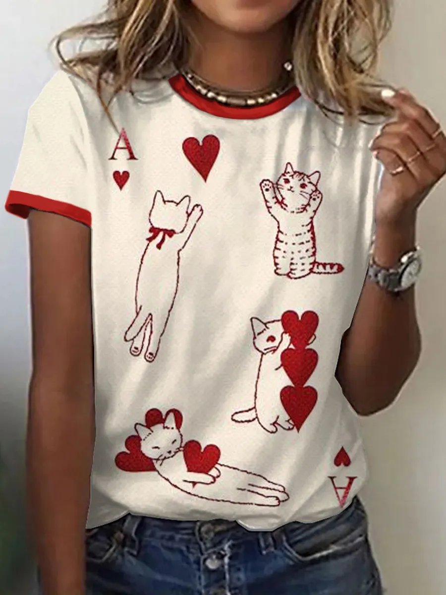 Women's Cat Playing Cards Retro Print Short-Sleeved T-Shirt
