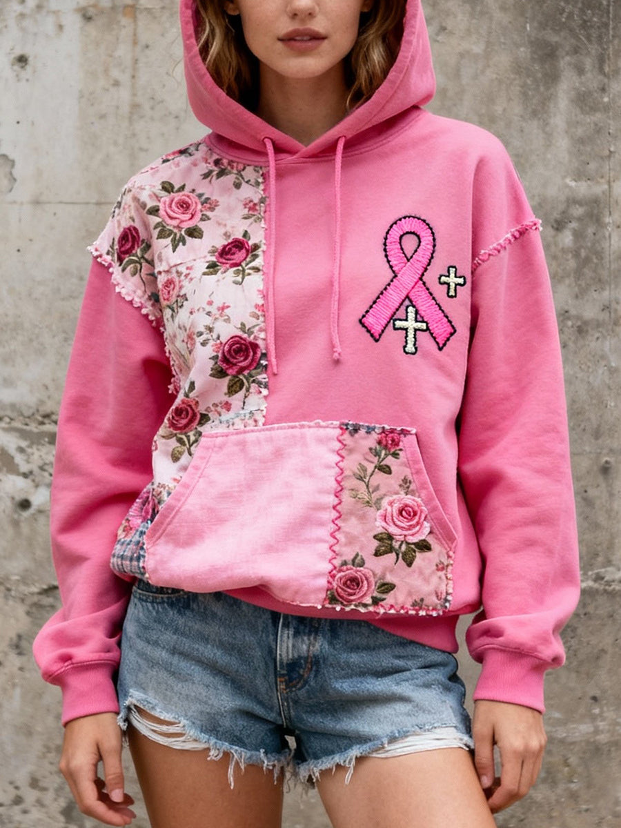 Women's Pink Ribbon Embroidered Patchwork Hoodie