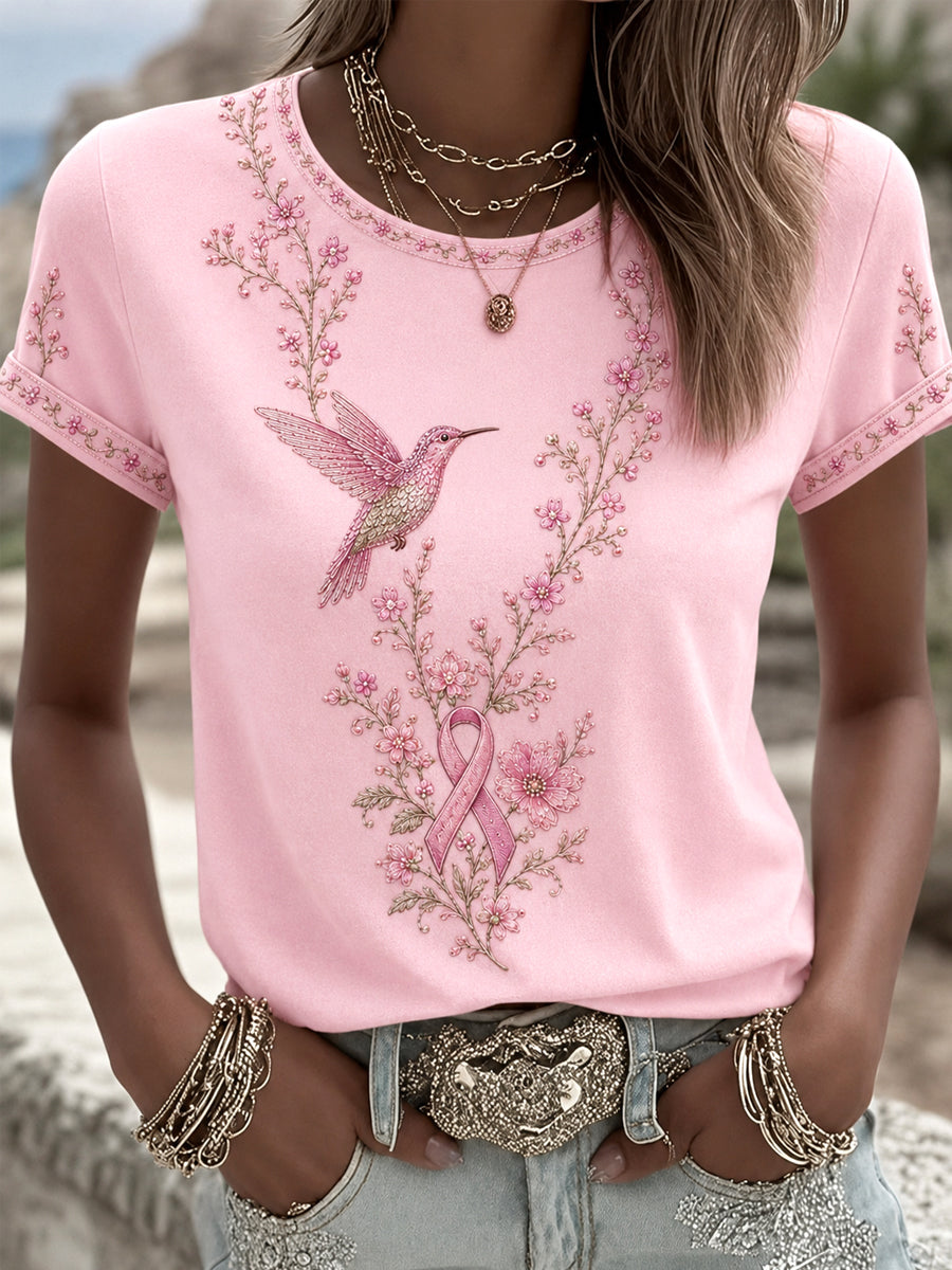 Women's Pink Floral & Hummingbird Print Breast Cancer Awareness Support Tee