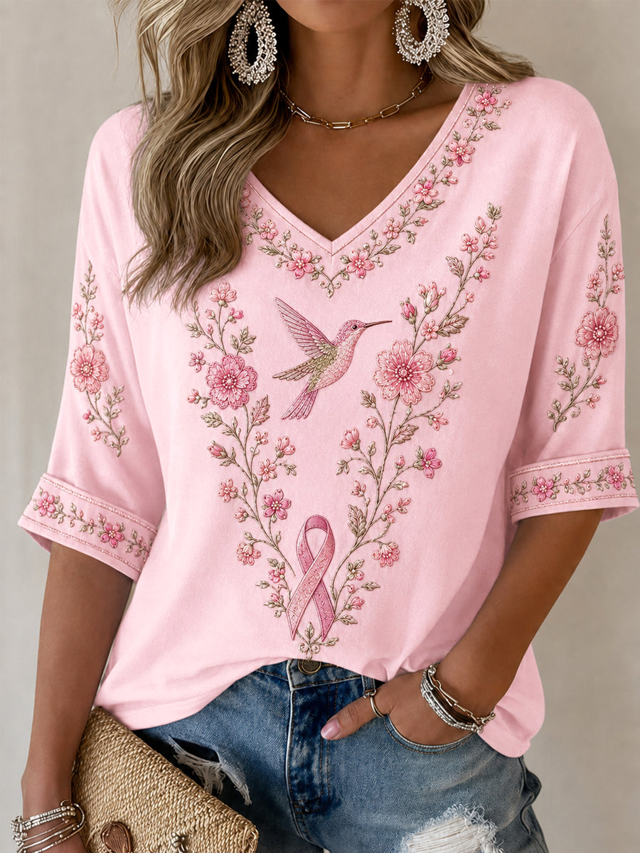Women's Pink Floral & Hummingbird Print Breast Cancer Awareness Support Half-Sleeves V-Neck T-Shirt