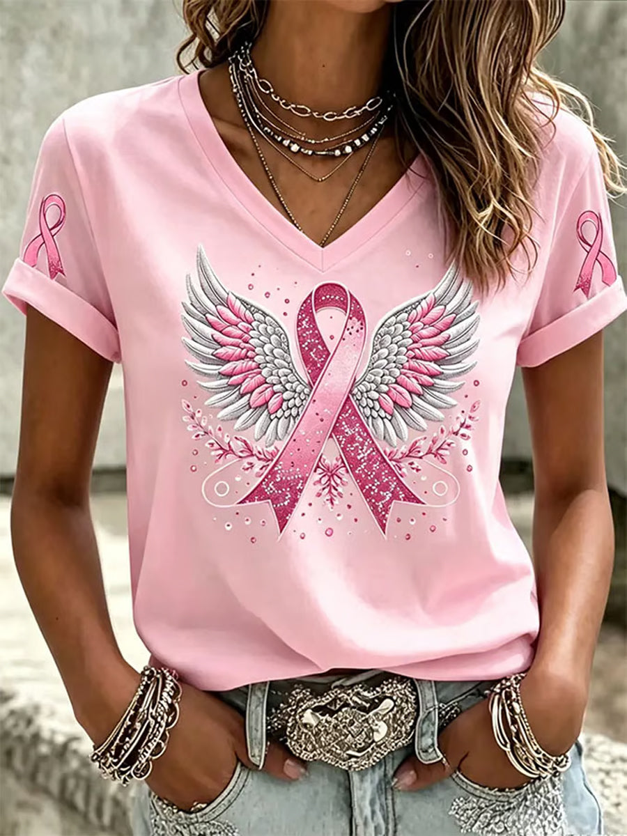 Women's Pink Ribbon Art Print Breast Cancer Awareness Support Short Sleeve T-shirt