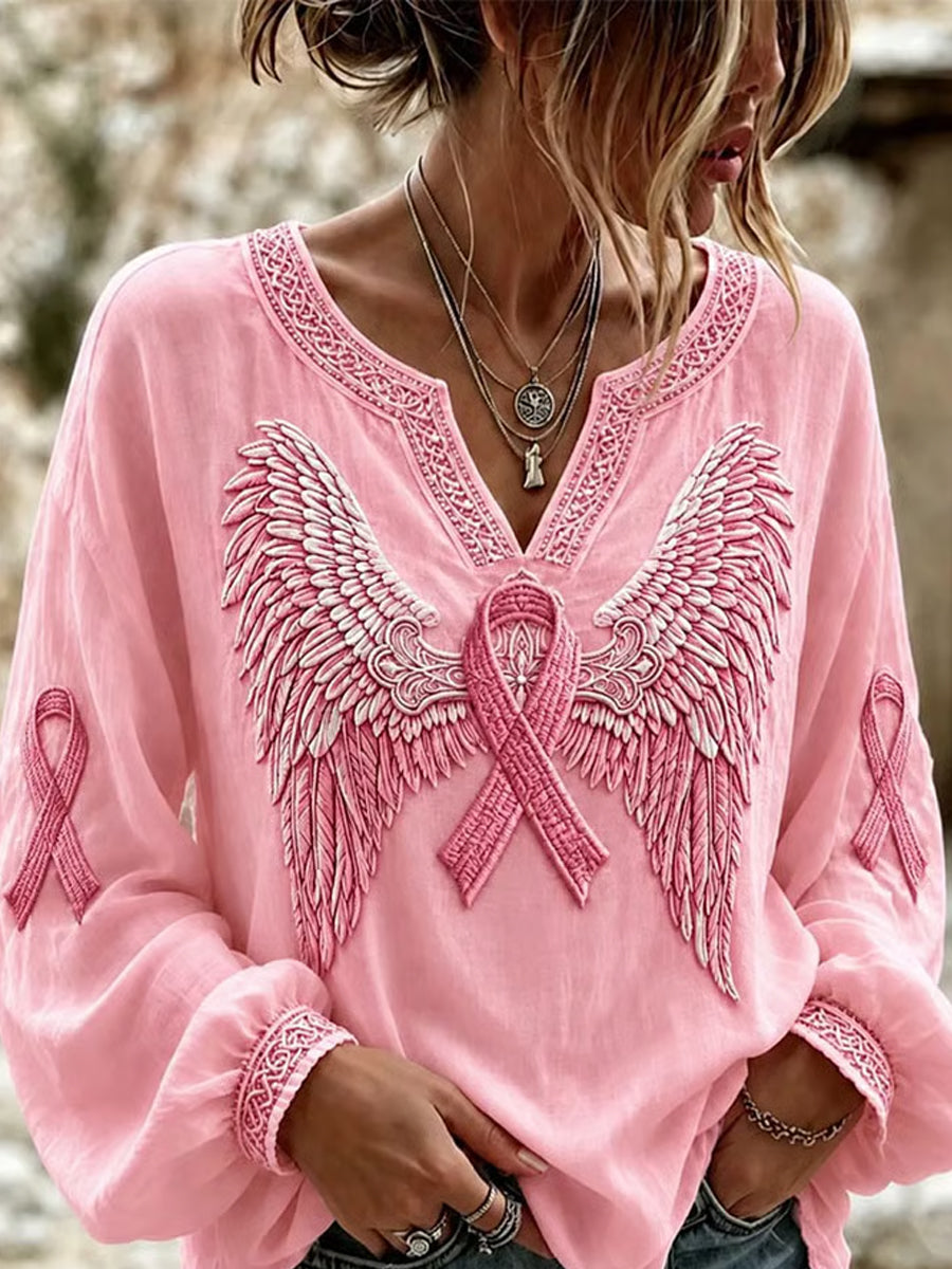 Women's Pink Ribbon Print Breast Cancer Awareness Support Cotton-Linen Shirt