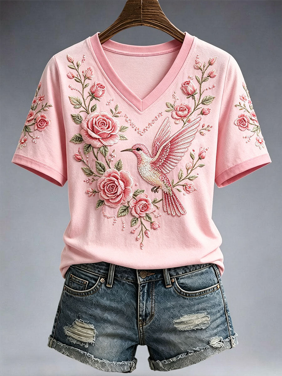 Women's Pink Floral Embroidery Art T-Shirt