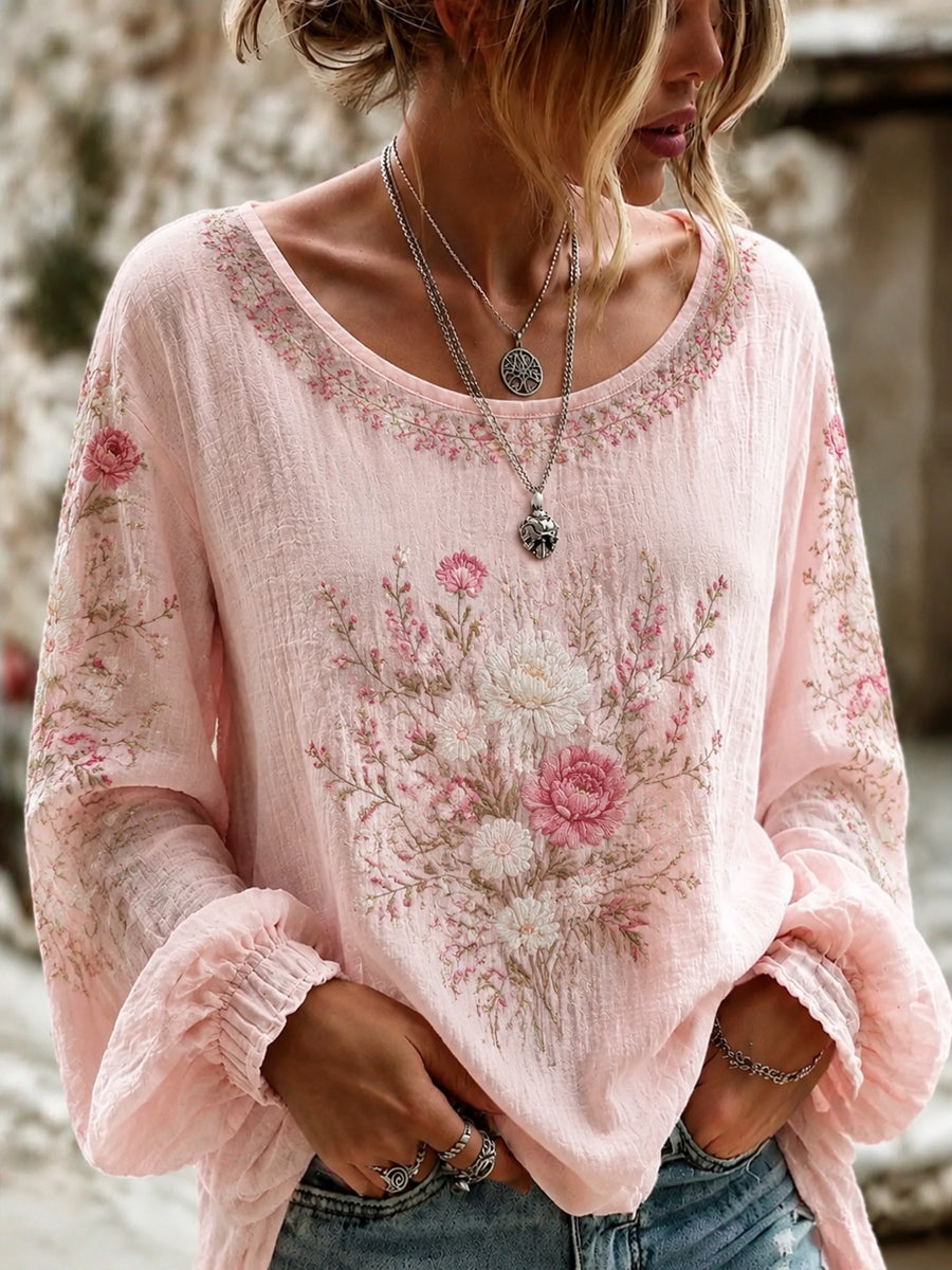 Women's Breast Cancer Pink Flowers Print Cotton-Linen Shirt