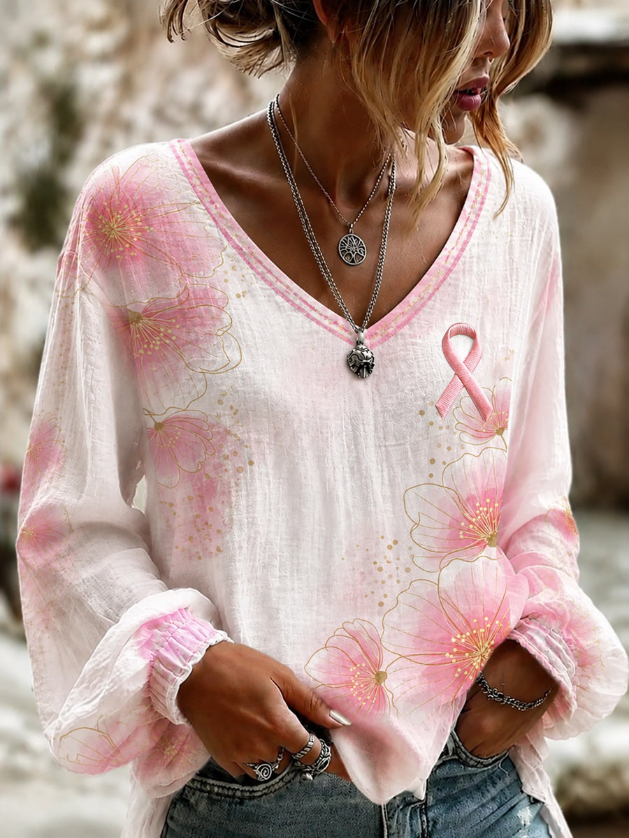Women's Breast Cancer Pink Flowers Print Cotton-Linen Shirt