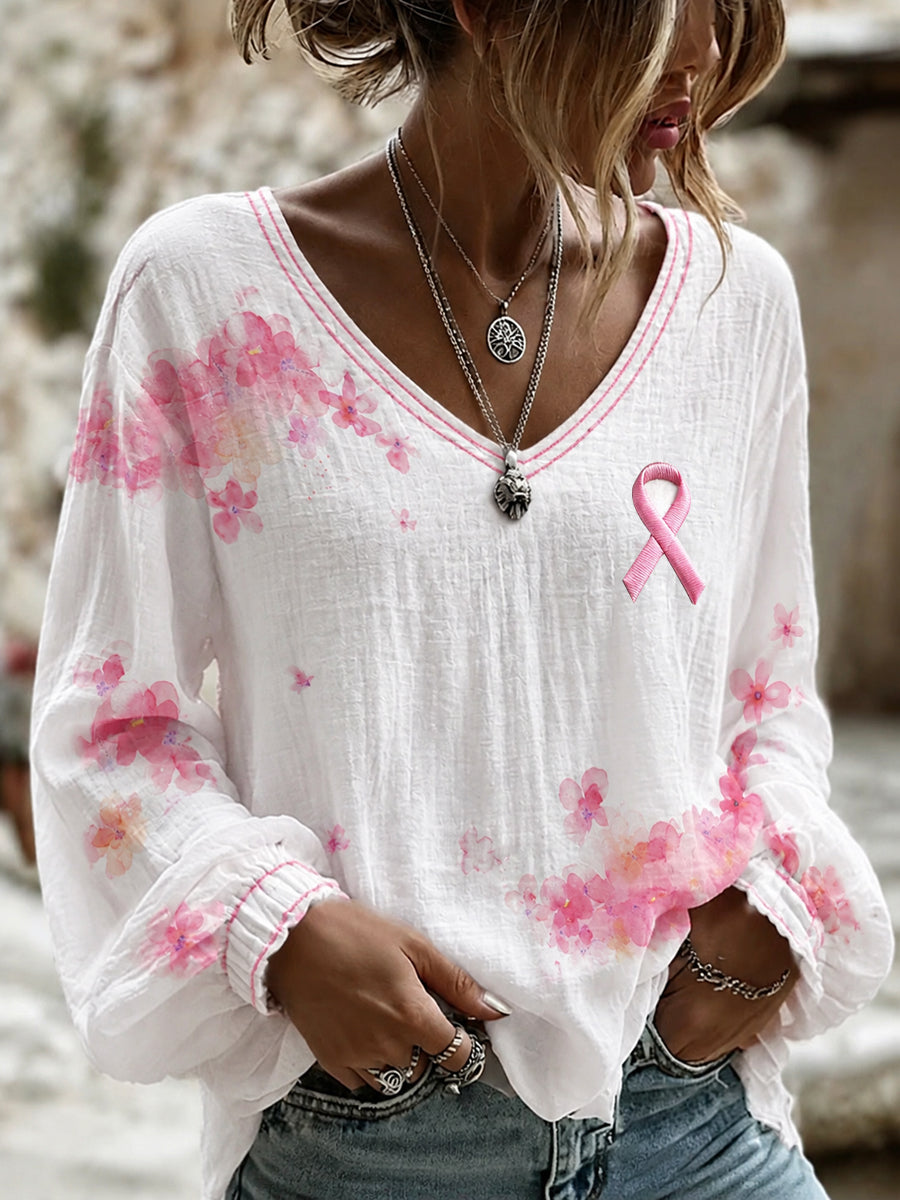 Women's Breast Cancer Pink Flowers Print Cotton-Linen Shirt