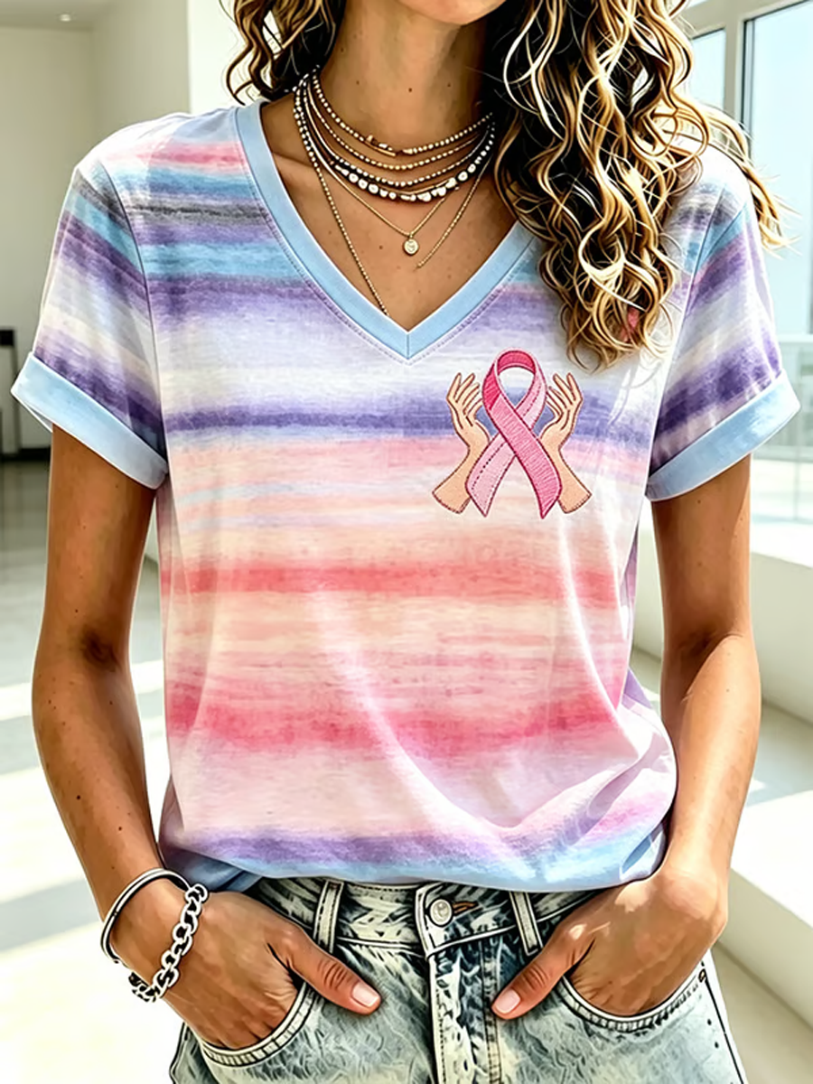 Women's Breast Cancer Ribbon Print short-sleeved T-shirt