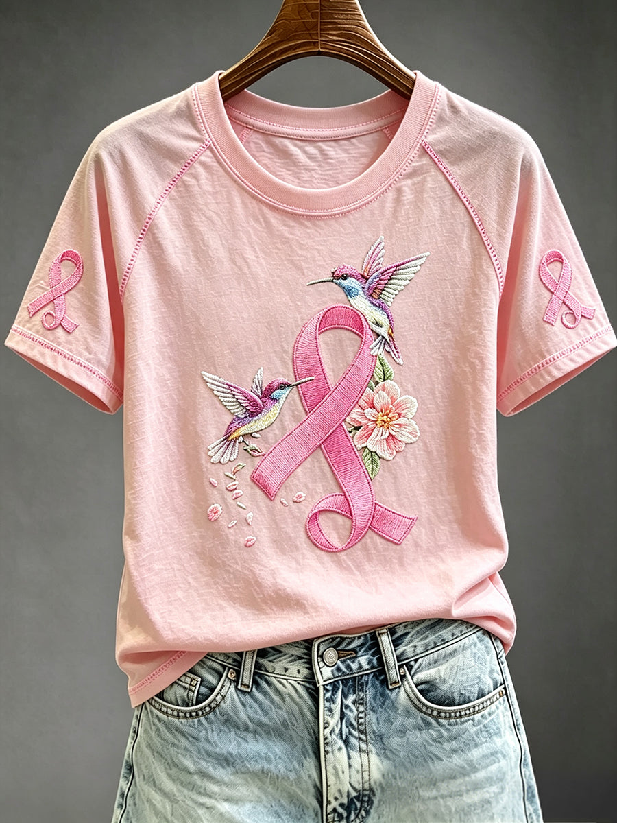 Women's Pink Ribbon Hummingbird Print Round Neck Short Sleeve T-shirt