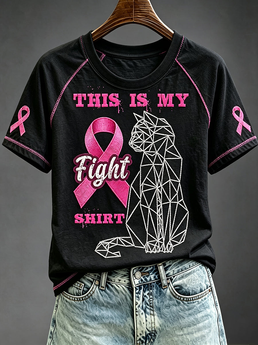 Women's Breast Cancer Cat Pink Ribbon Print Round Neck Short Sleeve T-shirt