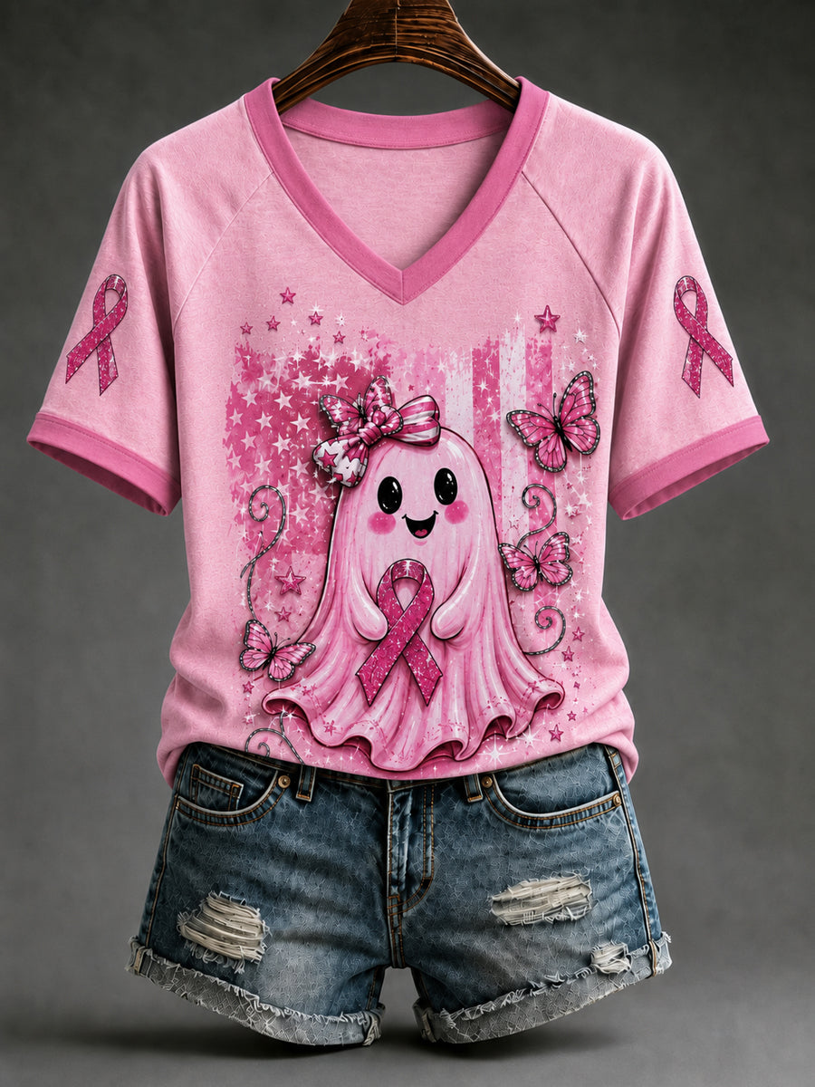 Women's Breast Cancer Awareness Support V-neck Off-shoulder Short-sleeved T-shirt