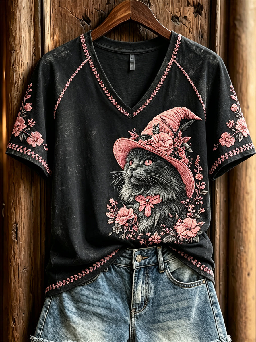 Women's Black Cat Witch Pink Floral Art Print short-sleeved T-shirt