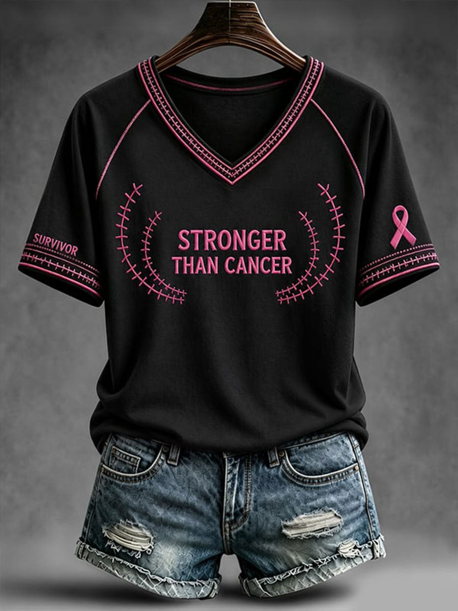 Women's Stronger Than Cancer V-neck Off-shoulder Short-sleeved T-shirt