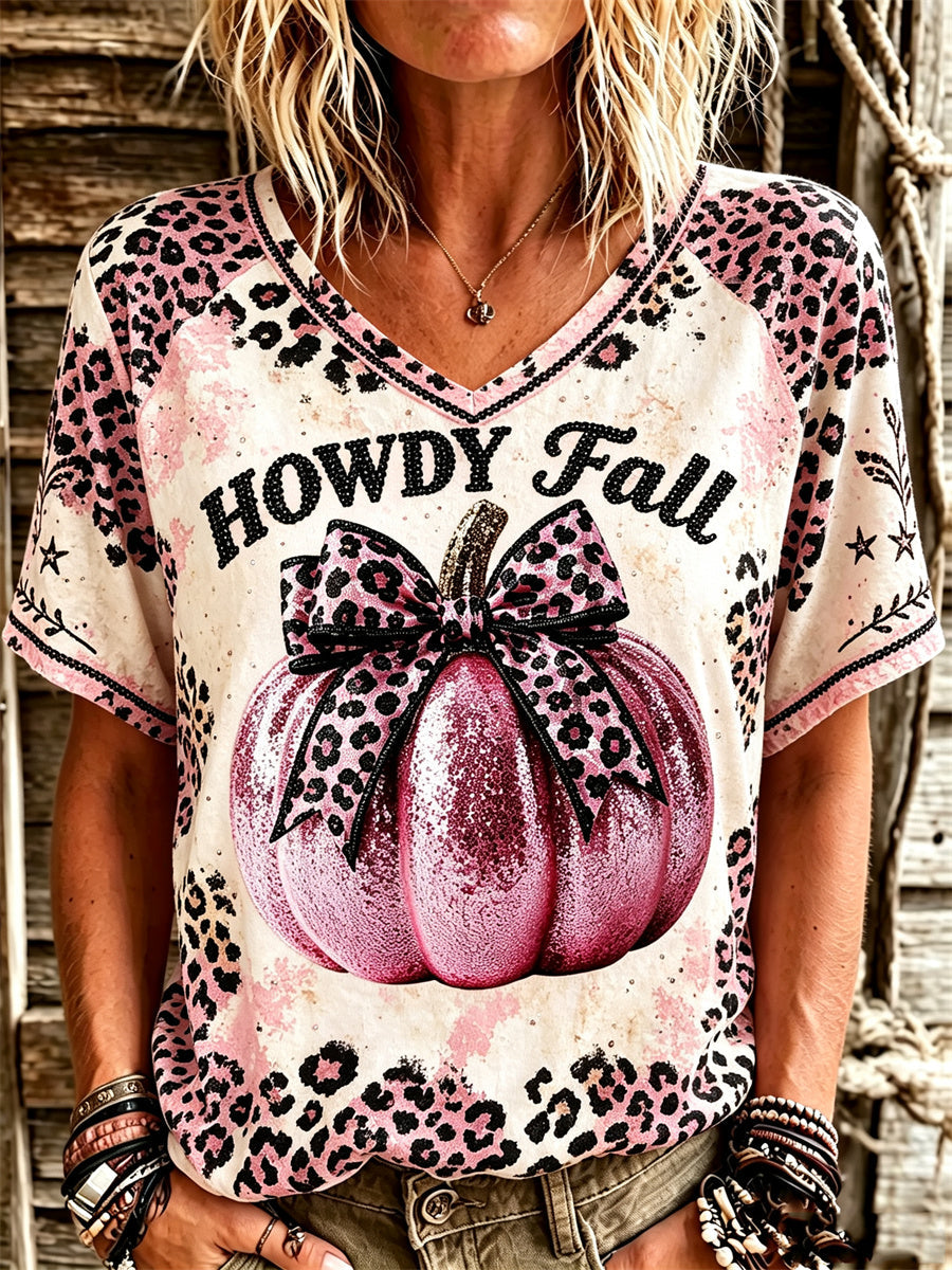 Women's Western Howdy Fall Pink Pumpkin Leopard Bleached Print short-sleeved T-shirt