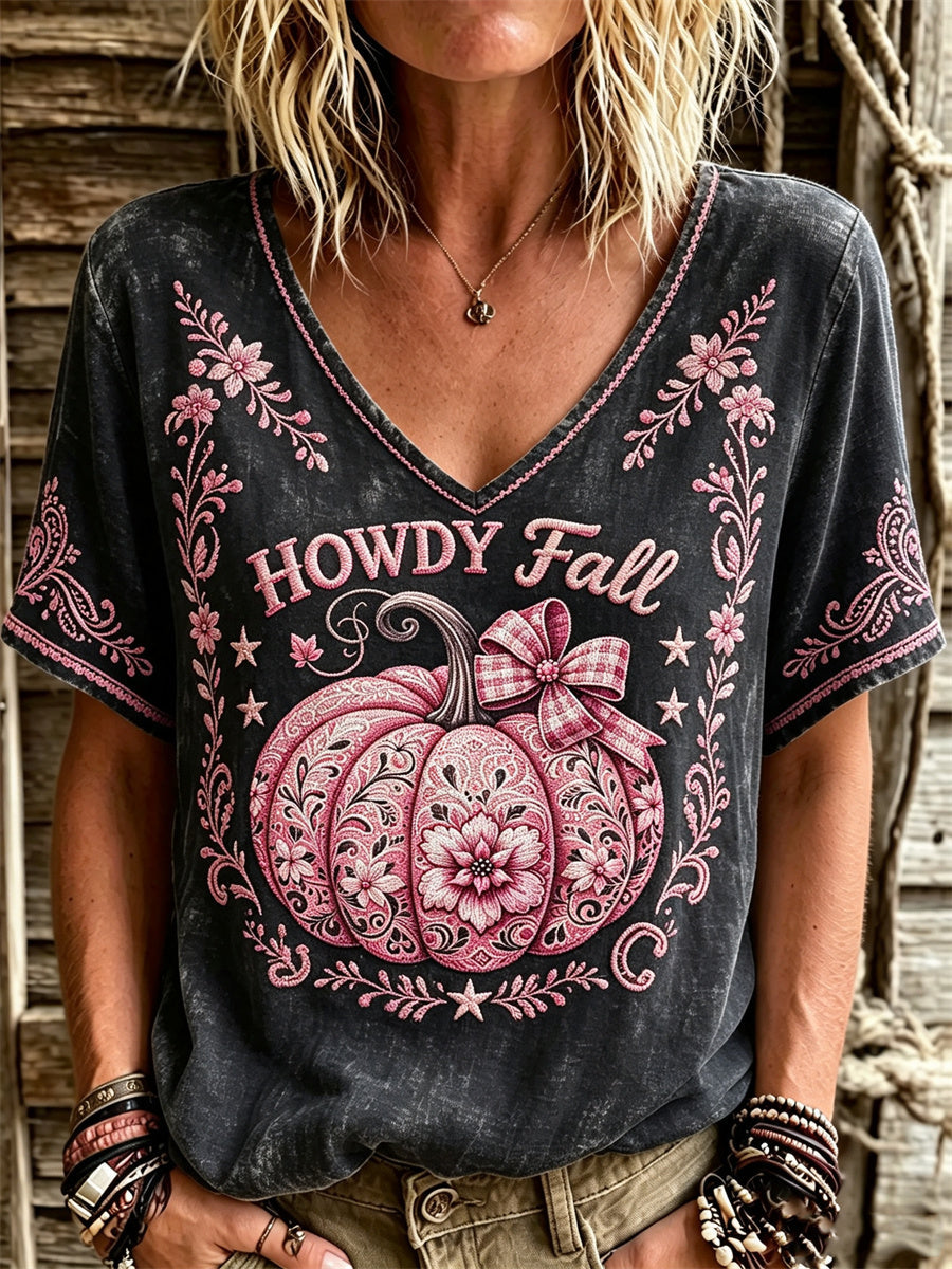 Women's Western Howdy Fall Pink Pumpkin Vintage Floral Print linen short-sleeved T-shirt