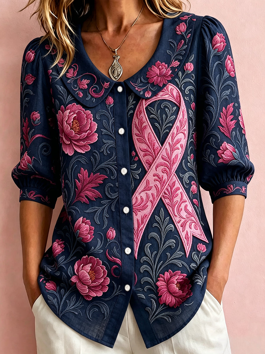 Women's Classy Pink Ribbon Floral Art Print Cotton-Linen Shirt