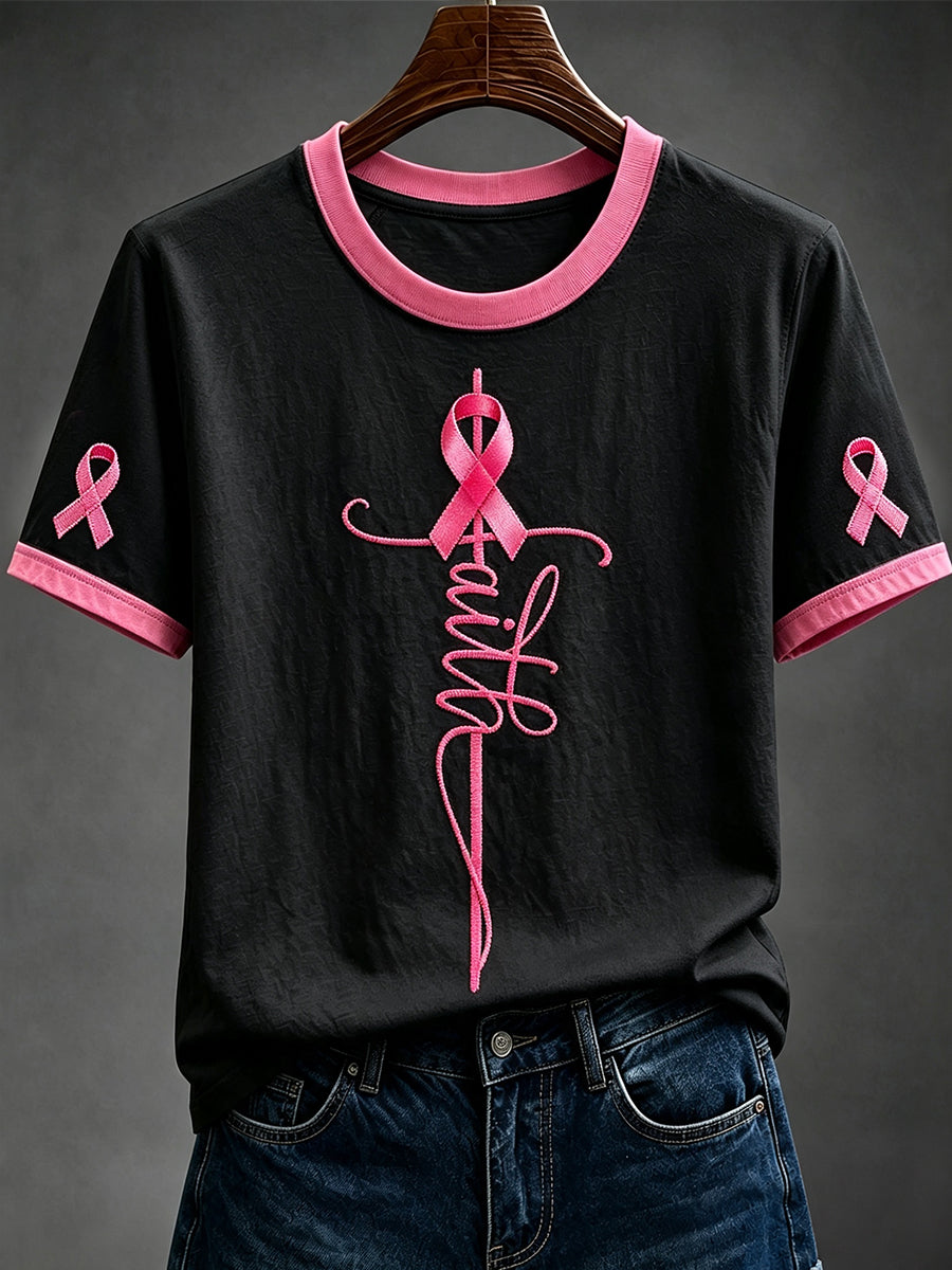 Women's Faith Pink Ribbon Print Round Neck Short-sleeved T-shirt