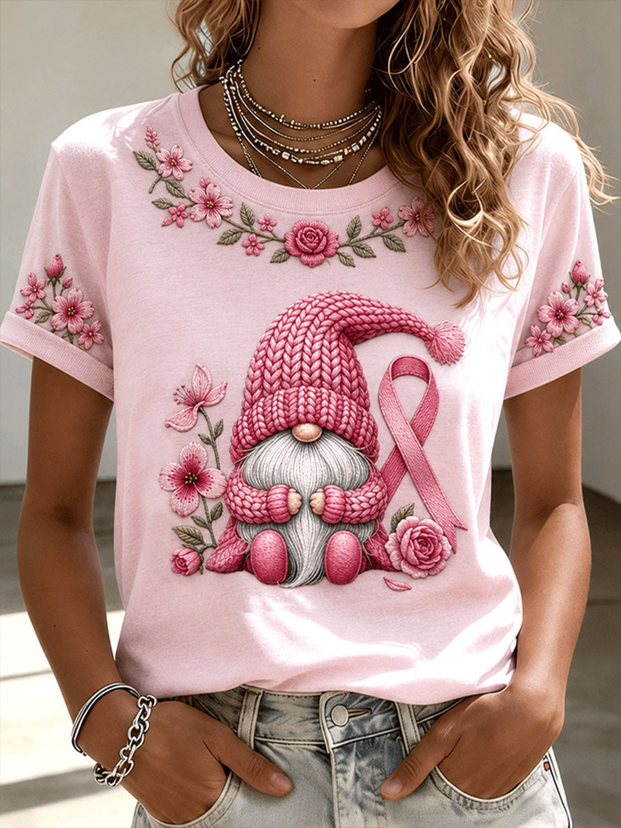 Women's Breast Cancer Awareness Pink Hat Gnome Short-sleeved T-shirt
