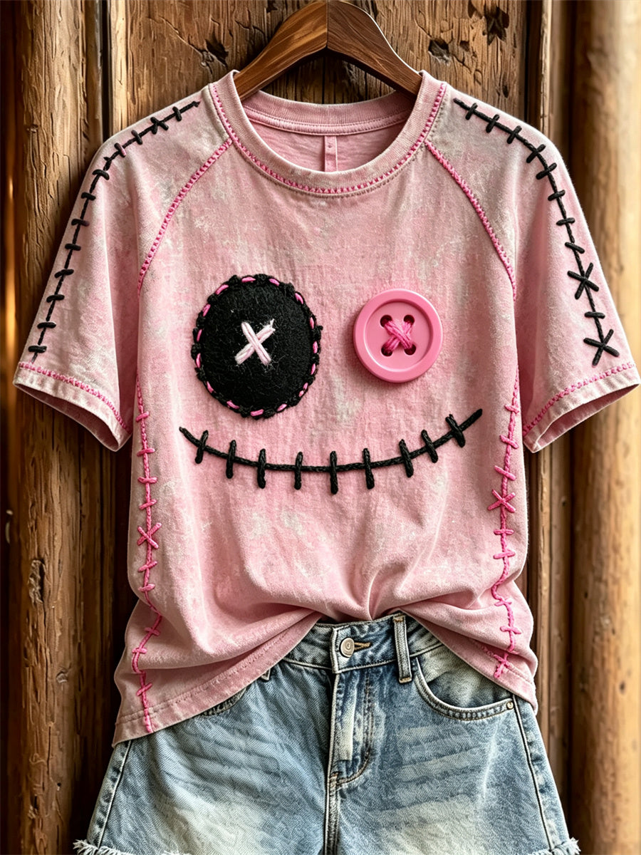 Women's Lovely Monster Face Pink Stitches Print short sleeve T-shirt