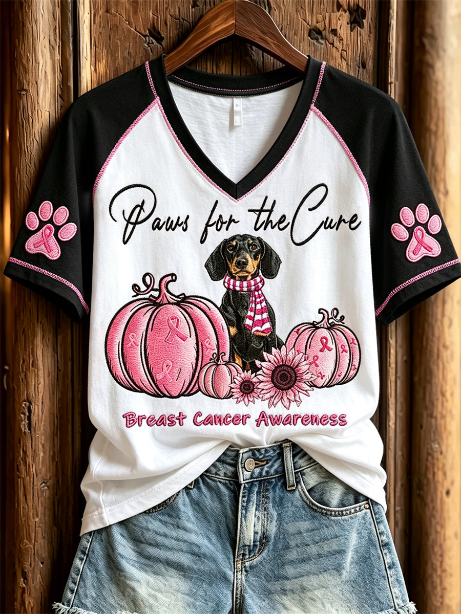Women's Paws for the Cure Breast Cancer Awareness Dachshund Dog & Pink Pumpkins Print short-sleeved T-shirt