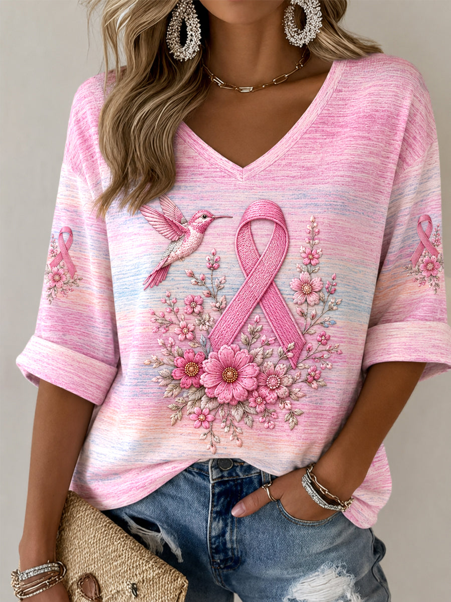 Women's Pink Floral & Hummingbird Print Breast Cancer Awareness Support Half-Sleeves V-Neck T-Shirt