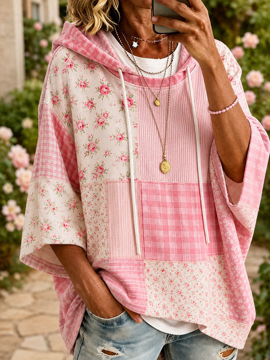 Women's Pink Floral Patchwork Art Hoodie